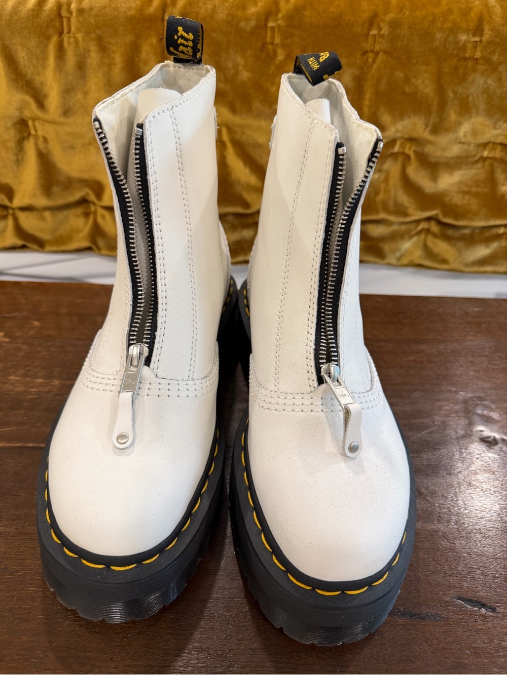 Dr. Martens White Leather Platform Boots with Black Lug Sole